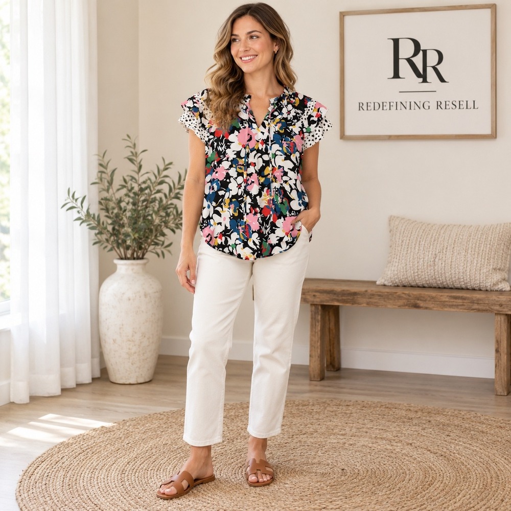 Umgee Floral Polka Dot Ruffle Sleeve Tie Neck Top Small A0809 Multi Color